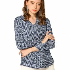 Allegra K Women's Geometric Prints Long Sleeve Work V-Neck Tops Shirt Blouse