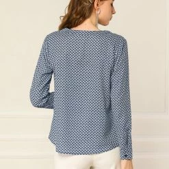 Allegra K Women's Geometric Prints Long Sleeve Work V-Neck Tops Shirt Blouse