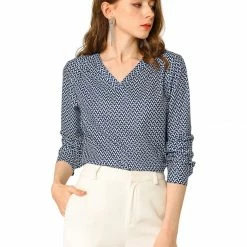 Allegra K Women's Geometric Prints Long Sleeve Work V-Neck Tops Shirt Blouse