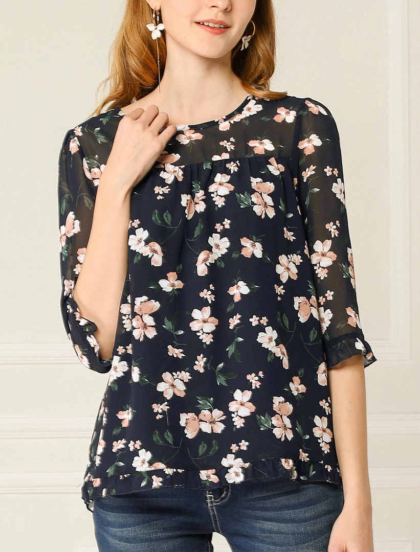 Allegra K Women's Casual Ruffle 3/4 Sleeve Floral Print Chiffon Blouse 28 Allegra K Women's Casual Ruffle 3/4 Sleeve Floral Print Chiffon Blouse