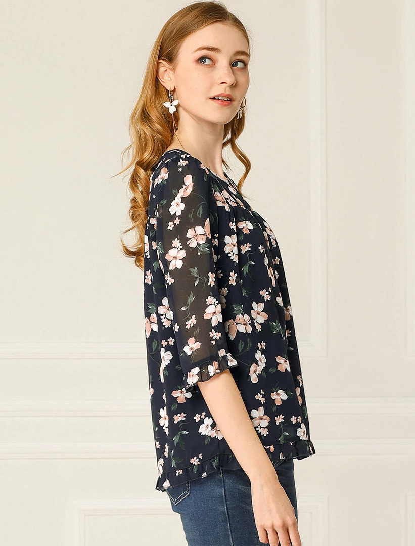 Allegra K Women's Casual Ruffle 3/4 Sleeve Floral Print Chiffon Blouse 30 Allegra K Women's Casual Ruffle 3/4 Sleeve Floral Print Chiffon Blouse