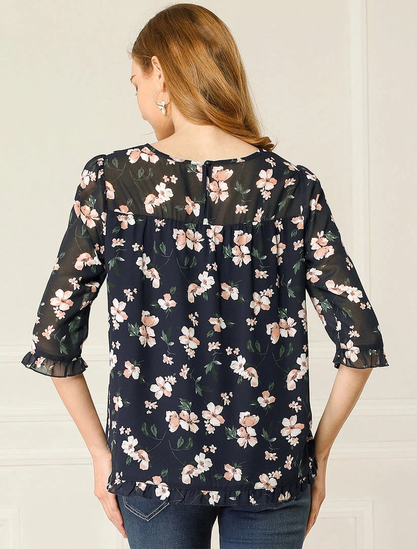 Allegra K Women's Casual Ruffle 3/4 Sleeve Floral Print Chiffon Blouse 31 Allegra K Women's Casual Ruffle 3/4 Sleeve Floral Print Chiffon Blouse