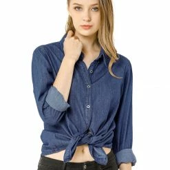 Allegra K Classic Long Sleeve Loose Button Up Denim Shirt Women