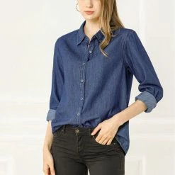 Allegra K Classic Long Sleeve Loose Button Up Denim Shirt Women