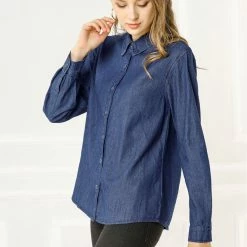 Allegra K Classic Long Sleeve Loose Button Up Denim Shirt Women