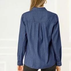 Allegra K Classic Long Sleeve Loose Button Up Denim Shirt Women