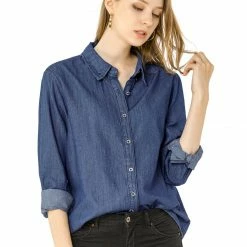 Allegra K Classic Long Sleeve Loose Button Up Denim Shirt Women