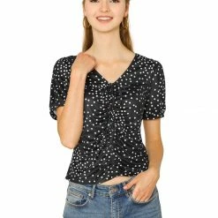 Allegra K Women's Ruched Tie V Neck Slim Short Sleeve Polka Dots Tops