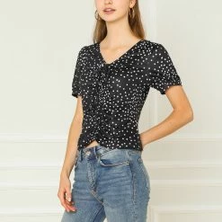Allegra K Women's Ruched Tie V Neck Slim Short Sleeve Polka Dots Tops
