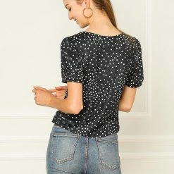 Allegra K Women's Ruched Tie V Neck Slim Short Sleeve Polka Dots Tops