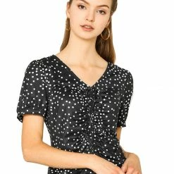 Allegra K Women's Ruched Tie V Neck Slim Short Sleeve Polka Dots Tops