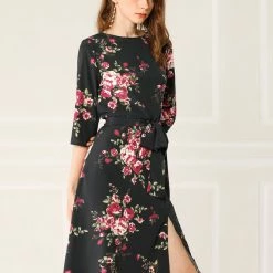 Allegra K Women's Floral Print Front Split Back Keyhole Self Tie Round Neck Dress