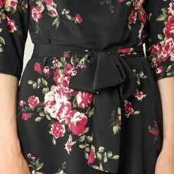 Allegra K Women's Floral Print Front Split Back Keyhole Self Tie Round Neck Dress