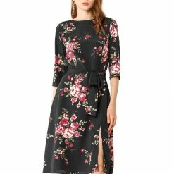 Allegra K Women's Floral Print Front Split Back Keyhole Self Tie Round Neck Dress