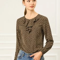 Allegra K Ruffle Neck Vintage Polka Dots Long Sleeve Blouse Clothing