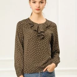 Allegra K Ruffle Neck Vintage Polka Dots Long Sleeve Blouse Clothing