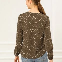 Allegra K Ruffle Neck Vintage Polka Dots Long Sleeve Blouse Clothing