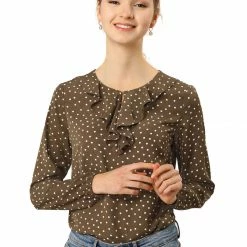 Allegra K Ruffle Neck Vintage Polka Dots Long Sleeve Blouse Clothing