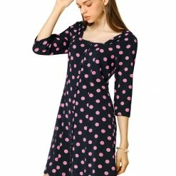 Allegra K Polka Dot Ruched Square Neck Button Front A-Line Dress Women