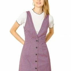 Allegra K Women's Overalls Suspenders Plaid Houndstooth Pinafore Dress