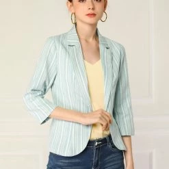 Allegra K Striped 3/4 Sleeves Open Front Notched Lapel Blazer Women
