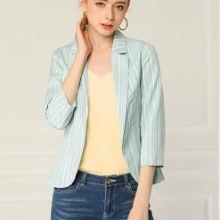 Allegra K Striped 3/4 Sleeves Open Front Notched Lapel Blazer Women 60 Allegra K Striped 3/4 Sleeves Open Front Notched Lapel Blazer Women