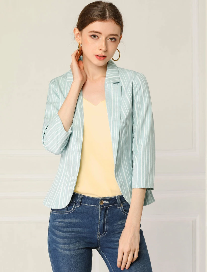 Allegra K Striped 3/4 Sleeves Open Front Notched Lapel Blazer Women 5 Allegra K Striped 3/4 Sleeves Open Front Notched Lapel Blazer Women