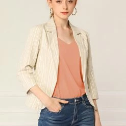 Allegra K Striped 3/4 Sleeves Open Front Notched Lapel Blazer Women 66 Allegra K Striped 3/4 Sleeves Open Front Notched Lapel Blazer Women