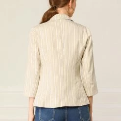 Allegra K Striped 3/4 Sleeves Open Front Notched Lapel Blazer Women 68 Allegra K Striped 3/4 Sleeves Open Front Notched Lapel Blazer Women