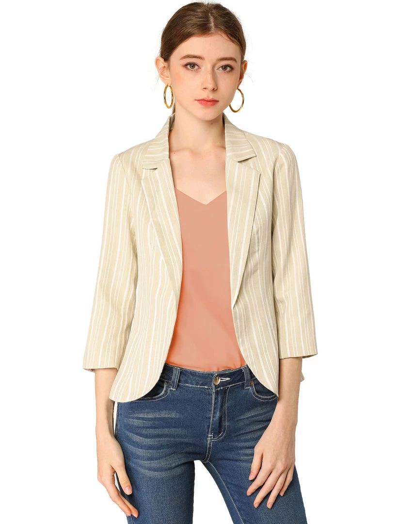 Allegra K Striped 3/4 Sleeves Open Front Notched Lapel Blazer Women 9 Allegra K Striped 3/4 Sleeves Open Front Notched Lapel Blazer Women