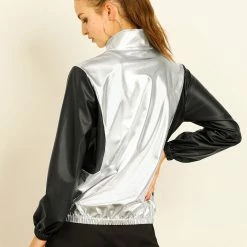 Allegra K Women's Metallic Shiny Long Sleeves Zipper Contrast Holographic Jacket