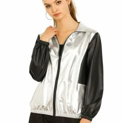 Allegra K Women's Metallic Shiny Long Sleeves Zipper Contrast Holographic Jacket