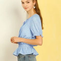 Allegra K Women's Smocked Vintage Floral Elastic Waist Tops