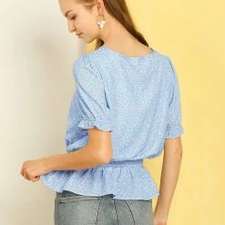 Allegra K Women's Smocked Vintage Floral Elastic Waist Tops