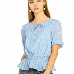 Allegra K Women's Smocked Vintage Floral Elastic Waist Tops
