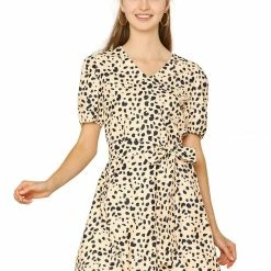 Allegra K Women's Leopard Tie Waist Puff Sleeves V Neck A-Line Dress 34 Allegra K Women's Leopard Tie Waist Puff Sleeves V Neck A-Line Dress