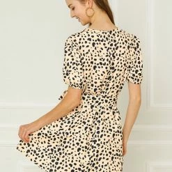 Allegra K Women's Leopard Tie Waist Puff Sleeves V Neck A-Line Dress 36 Allegra K Women's Leopard Tie Waist Puff Sleeves V Neck A-Line Dress