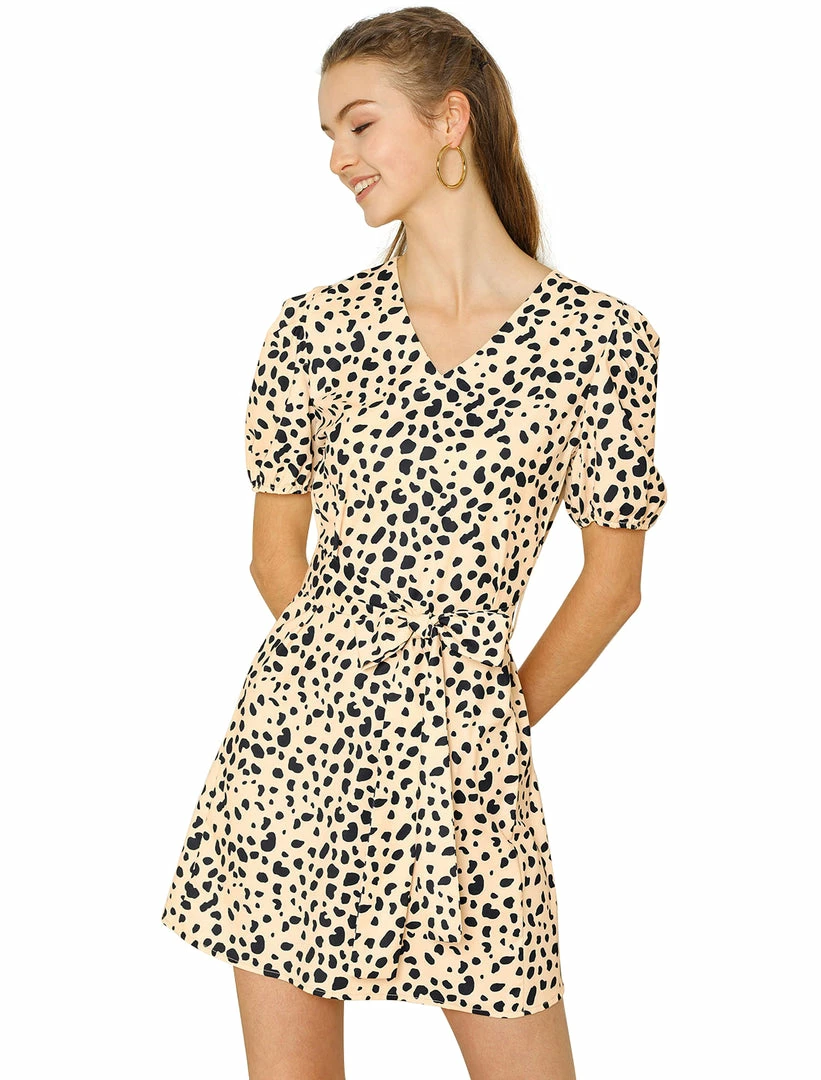 Allegra K Women's Leopard Tie Waist Puff Sleeves V Neck A-Line Dress 15 Allegra K Women's Leopard Tie Waist Puff Sleeves V Neck A-Line Dress