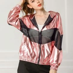 Allegra K Women's Athleisure Shiny Zipper Fishnet Mesh Panel Hooded Metallic Jacket 21 Allegra K Women's Athleisure Shiny Zipper Fishnet Mesh Panel Hooded Metallic Jacket