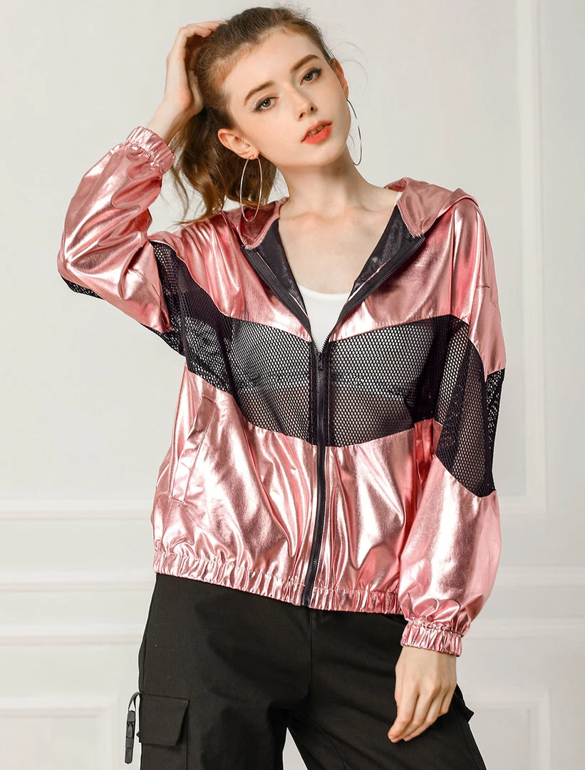 Allegra K Women's Athleisure Shiny Zipper Fishnet Mesh Panel Hooded Metallic Jacket 10 Allegra K Women's Athleisure Shiny Zipper Fishnet Mesh Panel Hooded Metallic Jacket