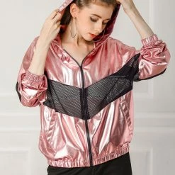 Allegra K Women's Athleisure Shiny Zipper Fishnet Mesh Panel Hooded Metallic Jacket 22 Allegra K Women's Athleisure Shiny Zipper Fishnet Mesh Panel Hooded Metallic Jacket