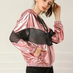 Allegra K Women's Athleisure Shiny Zipper Fishnet Mesh Panel Hooded Metallic Jacket 23 Allegra K Women's Athleisure Shiny Zipper Fishnet Mesh Panel Hooded Metallic Jacket