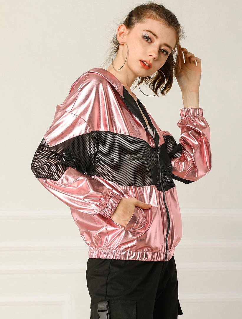 Allegra K Women's Athleisure Shiny Zipper Fishnet Mesh Panel Hooded Metallic Jacket 12 Allegra K Women's Athleisure Shiny Zipper Fishnet Mesh Panel Hooded Metallic Jacket