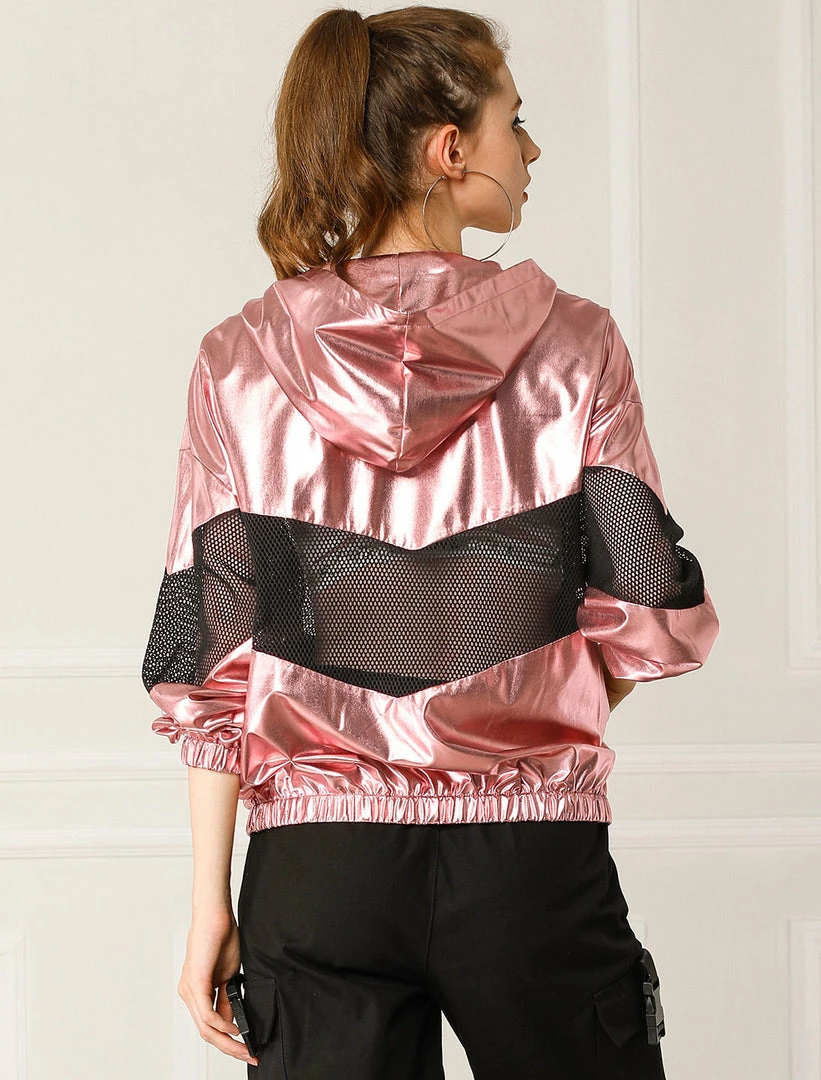 Allegra K Women's Athleisure Shiny Zipper Fishnet Mesh Panel Hooded Metallic Jacket 13 Allegra K Women's Athleisure Shiny Zipper Fishnet Mesh Panel Hooded Metallic Jacket