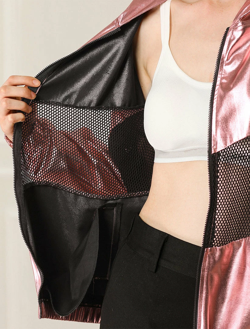 Allegra K Women's Athleisure Shiny Zipper Fishnet Mesh Panel Hooded Metallic Jacket 14 Allegra K Women's Athleisure Shiny Zipper Fishnet Mesh Panel Hooded Metallic Jacket
