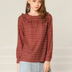 Allegra K Women's Ruffled Front Round Neck Blouse Long Sleeve Button Cuffs Floral Top Shirt