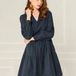 Allegra K Women's Swiss Dot Long Sleeve V Neck Collar Loose Ruffle Hem Cotton Dress 11 Allegra K Women's Swiss Dot Long Sleeve V Neck Collar Loose Ruffle Hem Cotton Dress