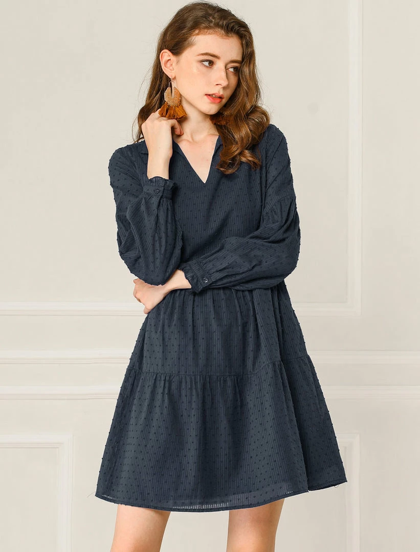 Allegra K Women's Swiss Dot Long Sleeve V Neck Collar Loose Ruffle Hem Cotton Dress 5 Allegra K Women's Swiss Dot Long Sleeve V Neck Collar Loose Ruffle Hem Cotton Dress