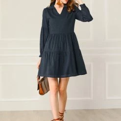 Allegra K Women's Swiss Dot Long Sleeve V Neck Collar Loose Ruffle Hem Cotton Dress 12 Allegra K Women's Swiss Dot Long Sleeve V Neck Collar Loose Ruffle Hem Cotton Dress