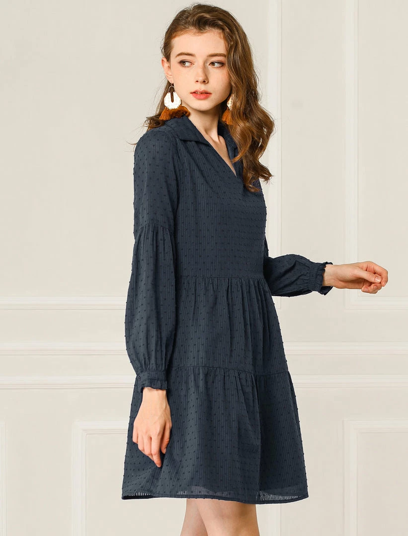 Allegra K Women's Swiss Dot Long Sleeve V Neck Collar Loose Ruffle Hem Cotton Dress 7 Allegra K Women's Swiss Dot Long Sleeve V Neck Collar Loose Ruffle Hem Cotton Dress